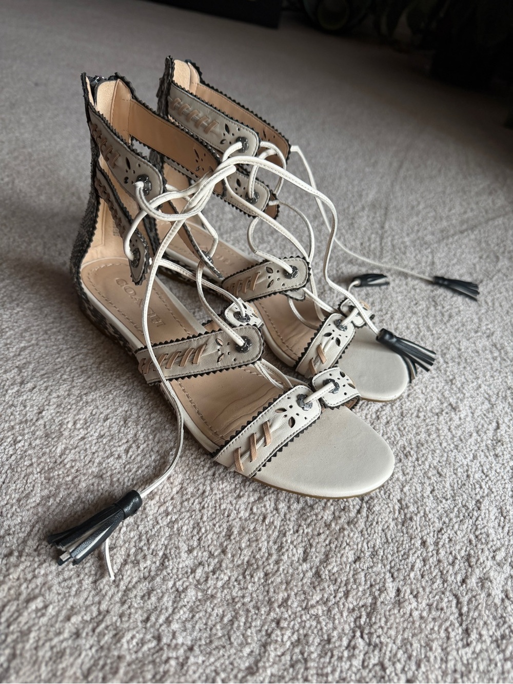 Coach Ivory and Black Lace-Up Cutout Heels Size 8